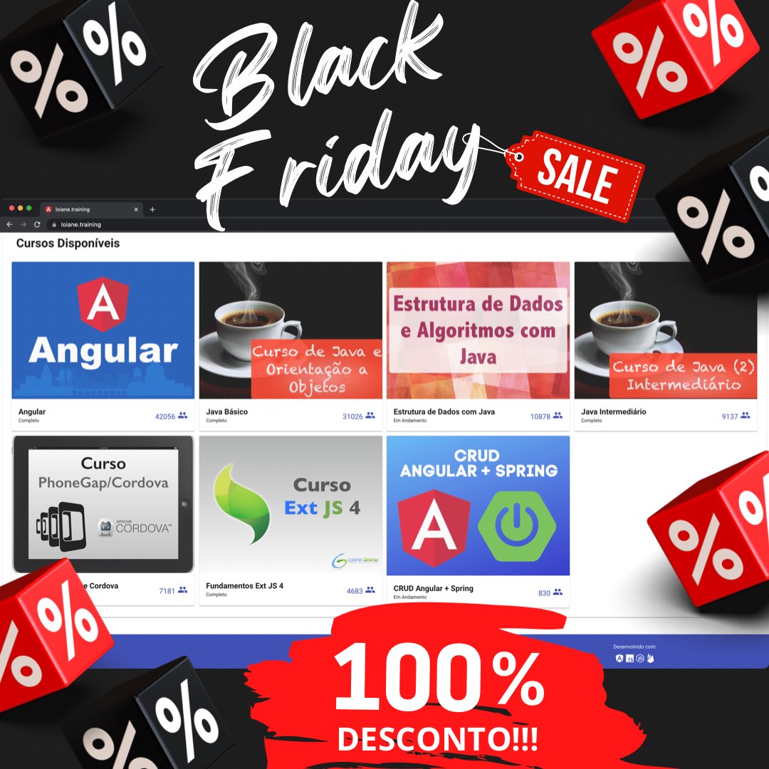 loiane's tweet image. Promoção Black Friday de cursos de Java, Angular, Spring e Sencha! Atenção: 100% de desconto! É isso mesmo, todos os cursos estão de GRAÇA somente HOJE (e no resto do ano também!). Imperdível!
#java #angular #sencha #spring #blackFriday #loianeTraining #todoAnoAMesmaPiada