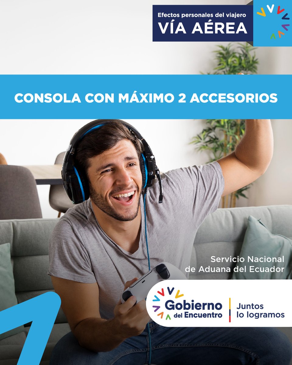 SENAE_Aduana's tweet photo. 📢Como viajero por vía aérea, puedes ingresar al país sin pagar tributos una consola para videojuegos y máximo 2 accesorios, sean estos portátiles o no. 

Revisa la lista completa en el siguiente link: https://t.co/APOQ3tB0gz

#TuCompraSegura🎁 https://t.co/Txm7GZsZqN