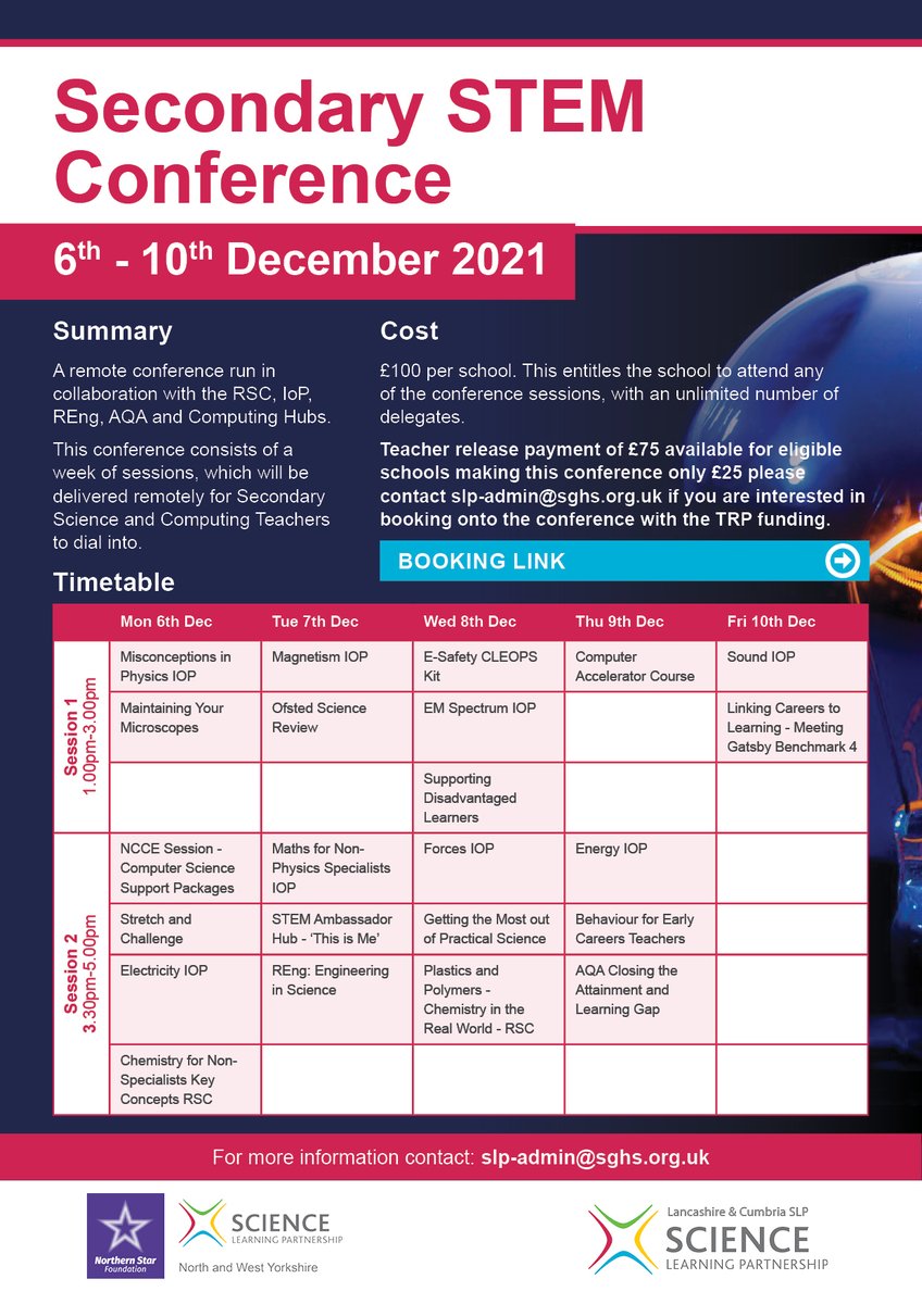 Why not book your place today? Teacher release payment of £75 available! <a href="/NwySlp/">N & W Yorkshire Science Learning Partnership</a> <a href="/AQA/">AQA</a> <a href="/IOPTeaching/">IOP support for teaching physics</a> <a href="/STEMLearningUK/">STEM Learning</a> <a href="/N_StarAT/">Northern Star Academies Trust</a>