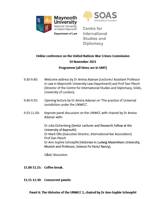 AminaAda's tweet photo. Thank you to all the contributors to the online conference on the #UNWCC last week. Great event with fantastic contributions from @DanPlesch, Dr Julia Eichenberg, @MarkEllisIBA, @SophieSchoepfel, @olympiabekou, @TatyanaEatwell, Marie O'Leary and many more! @MaynoothLaw 1/1 https://t.co/oUj9UFLX7N