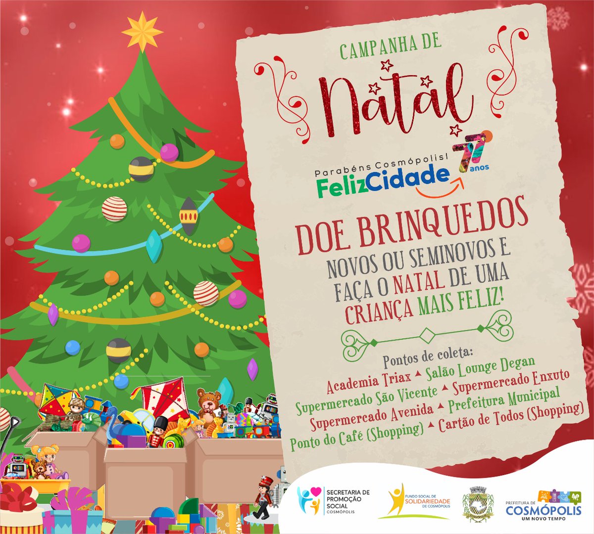 ThaaayLaa's tweet photo. Campanha de Natal arrecada brinquedos para crianças em situaçao de vulnerabilidade social em Cosmópolis. Bora fazer uma criança feliz neste Natal. Confira os pontos de coleta! 👇#RTdobem https://t.co/AxiY4Ezol9