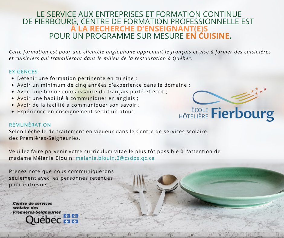 Nous sommes à la recherche d'enseignant(e)s pour un programme sur mesure en cuisine. Envoyez votre c.v. à melanie.blouin.2@csdps.qc.ca #cuisine #restauration #formationcontinue #cuisinières #cuisiniers