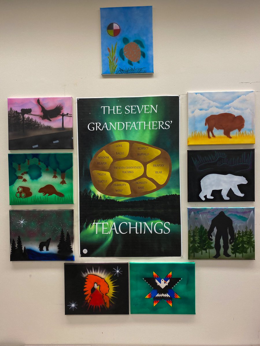 jherkimer's tweet photo. Our Seven Grandfathers’ Teachings airbrush canvases are done! There is an NFC chip on the poster that opens a link to the teachings video students viewed for inspiration. https://t.co/0wIQaWdSeE