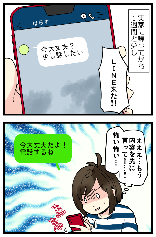 はらすさんの友達問題がきっかけで夫婦喧嘩に発展した話、その20です。
当初自分の中で予定していた日数を軽く超えて実家に滞在してたので、気が気じゃなかったです。 