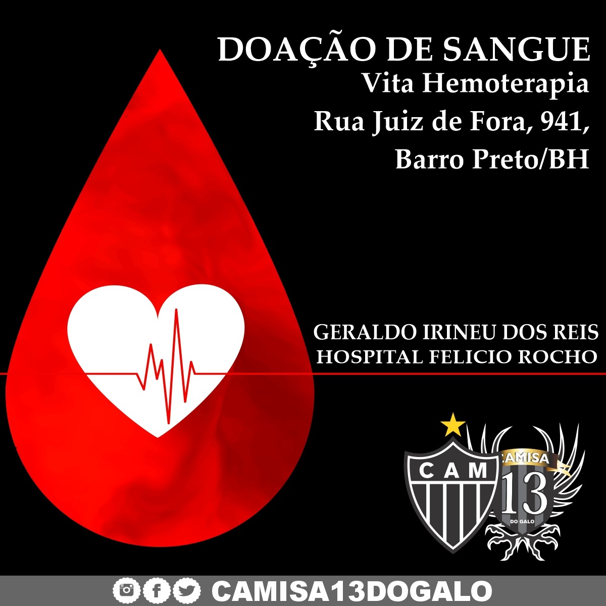 Amigos, O Geraldo precisa de sangue. Como ele, muitas outras pessoas também. Vamos nos juntar nessa corrente do bem e doar o que é mais precioso. Doe Vida!
#DoeSangue #DoeVida #Camisa13DoGalo #Camisa13DoBem