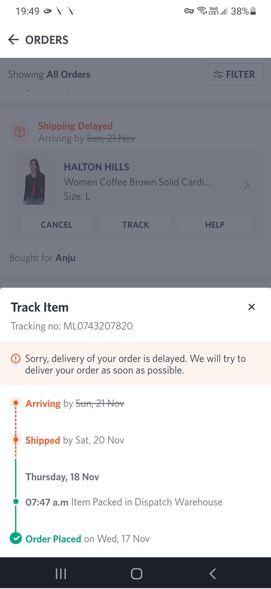 AnjuSaini3's tweet photo. Dear @myntra Team, 
I placed an order on 17th Nov, which was supposed to be delivered by 21st. It got delayed but there is no estimated delivery date.

Could you please check. https://t.co/vJLhxPBCPx