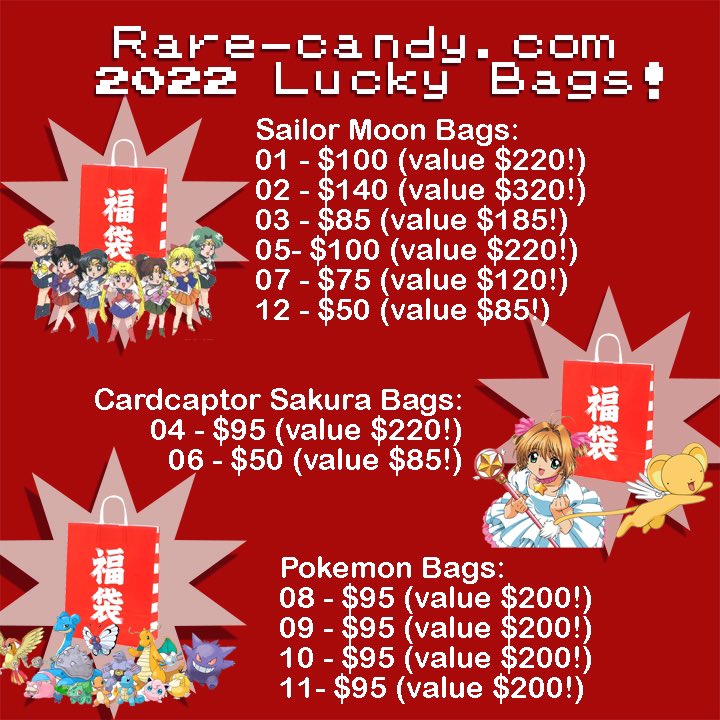 RareCandyShop's tweet photo. Pokémon, Sailor Moon &amp; Cardcaptor Sakura Lucky Bags are now at https://t.co/DBf4q1hKyC! In Japan, stores offer fukubukuro (lucky bags) at the end of the year. Its a way to clear out stock and offer good discounts, and its super fun! You don’t know what you you get …  1/2 https://t.co/6e7X8AqAJq