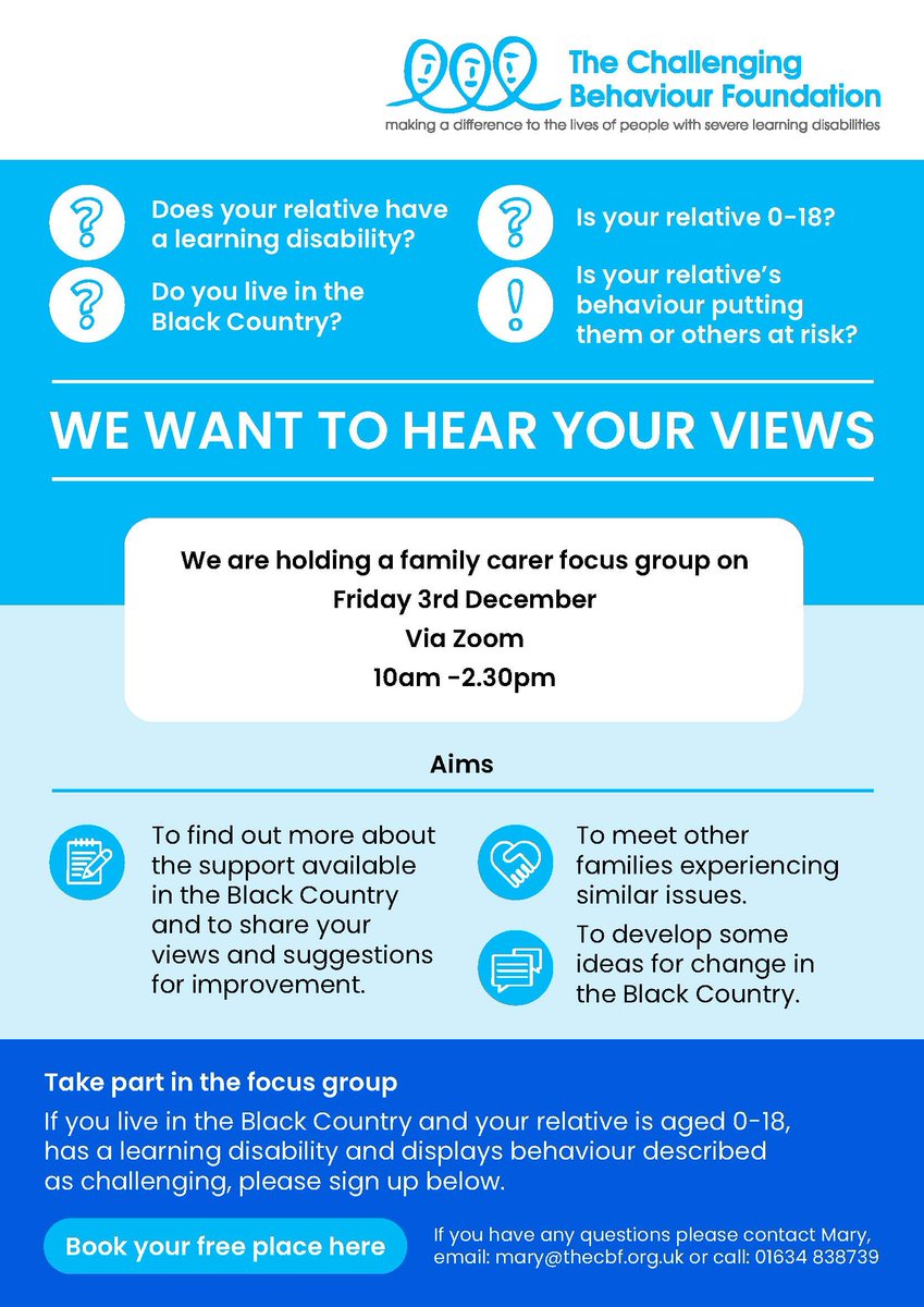 Are you a family carer in the Black Country? Want to share views on local support? We are holding 2 virtual focus groups for families supporting a relative with a learning disability aged 0-25 on 3 & 8 Dec. @WolvesIASS @autismwestmids @Dudley_PCF @WalsallWtonPCG @VoicesParents