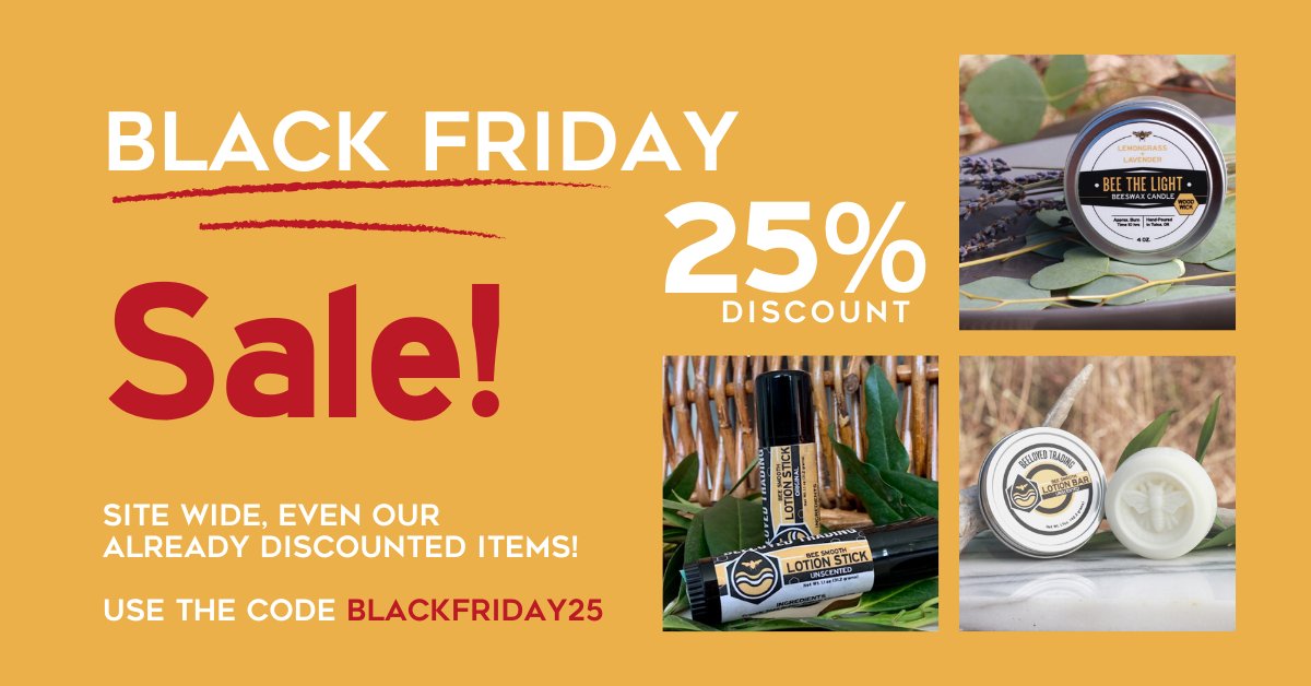 BeeLovedTrading's tweet photo. Starting now until midnight on Saturday take 25% off sitewide and get FREE shipping on orders of $75 or more! CODE: BLACKFRIDAY25 

SHOP -> https://t.co/8DQJv38Td9 https://t.co/VcxRC4deNL