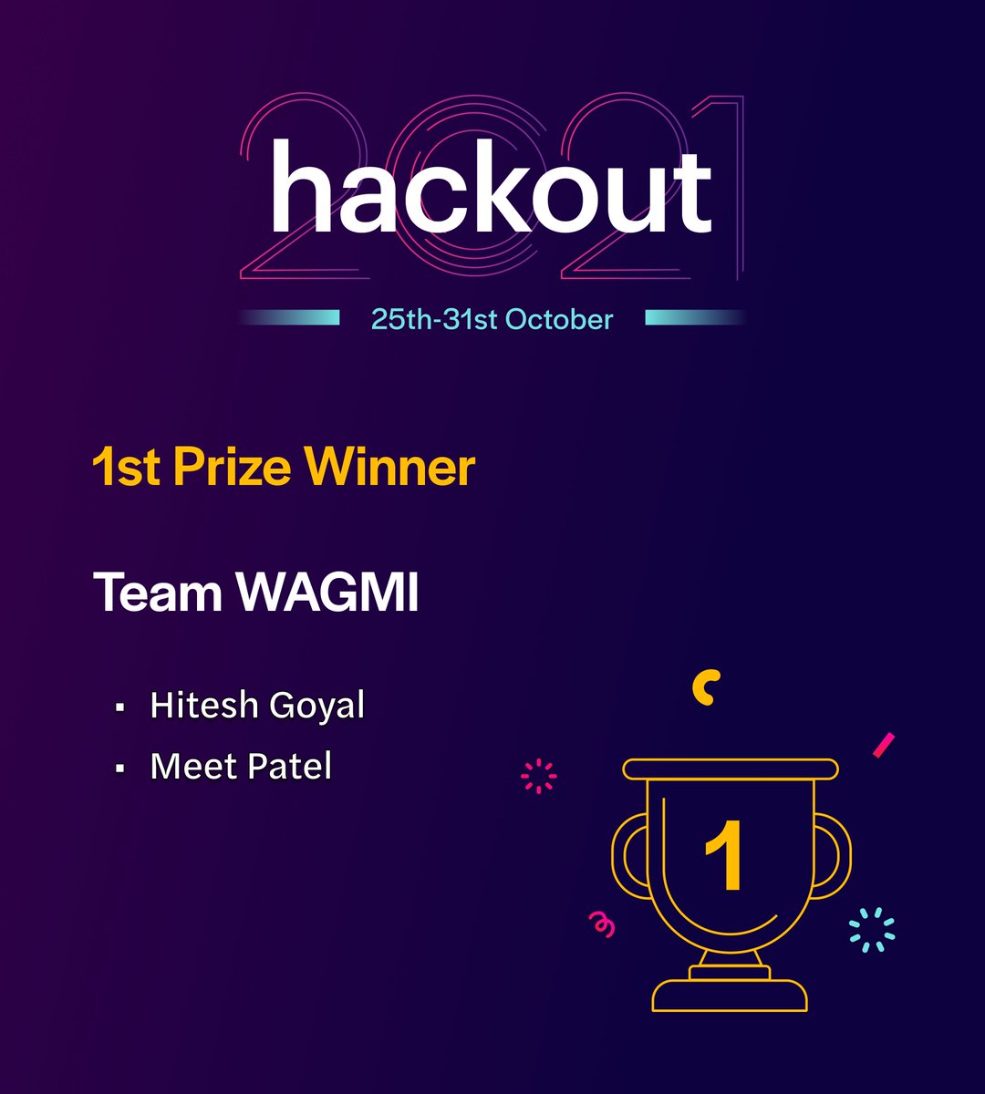 HackoutIO's tweet photo. We congratulate team “WAGMI” for securing the 1st position in #Hackout2021. 👏👏

Team members: 🎊
Hitesh Goyal @hit__go 
Meet Patel  @Meet100Patel https://t.co/jcHtRGFx1o