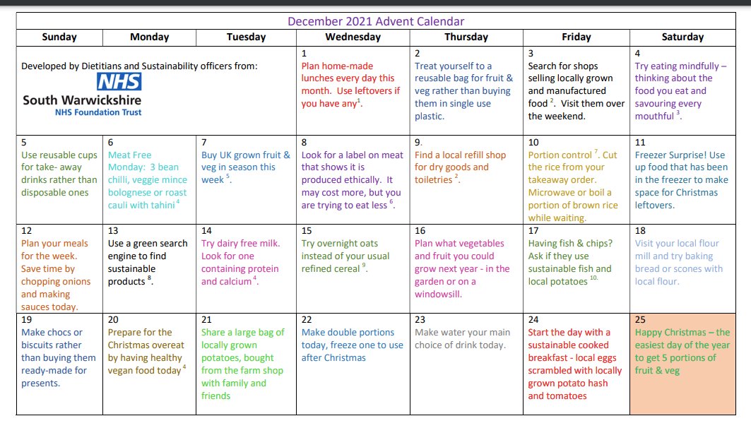 DietitiansSwft's tweet photo. Our dietitians have put together a calendar of tips to try over December to improve your sustainability ratings.  We hope you enjoy the ideas and find something you can continue into 2022. #Sustainability #reducefoodwaste #plantbased #lessmeat https://t.co/WEnnmTkat5