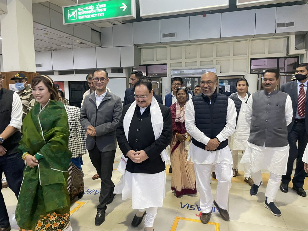 imosingh's tweet photo. Seeing off Shri @JPNadda National President @BJP4India at Imphal Airport in presence of CM @NBirenSingh, Shri @sambitswaraj, Shri @TheAshokSinghal, Smt A Sharda Devi and other @BJP4Manipur leaders. https://t.co/Sga1nqaUaN
