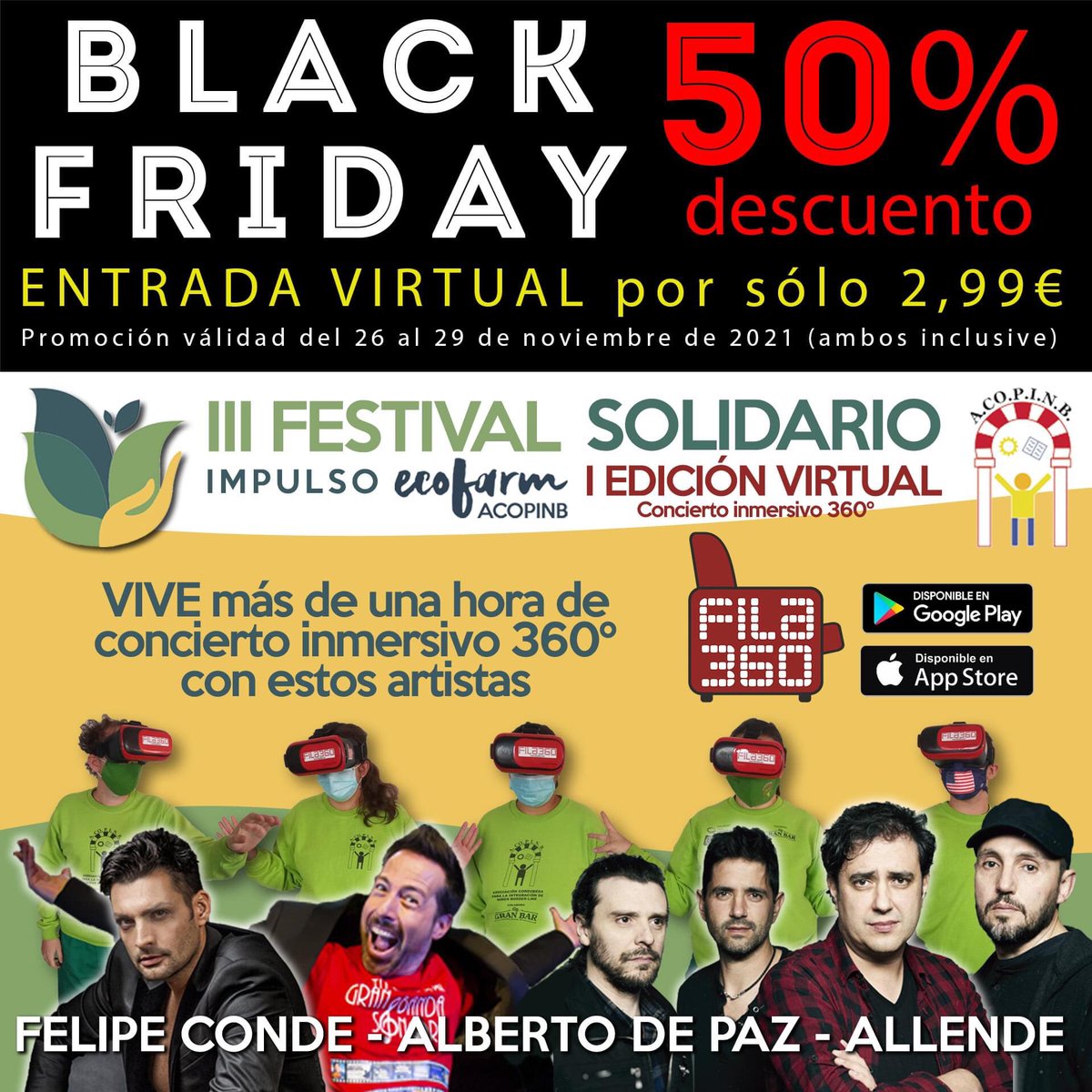 La entrada virtual para El Festival Solidario “<a href="/ACOPINB/">Acopinb</a>” a favor de la integración de niños con discapacidad intelectual, vuelve a estar disponible en la app @Fila360, que se puede descargar en App Store o en Google Play
¡Hazte con una por sólo 2,99€ y colabora con estos niños!