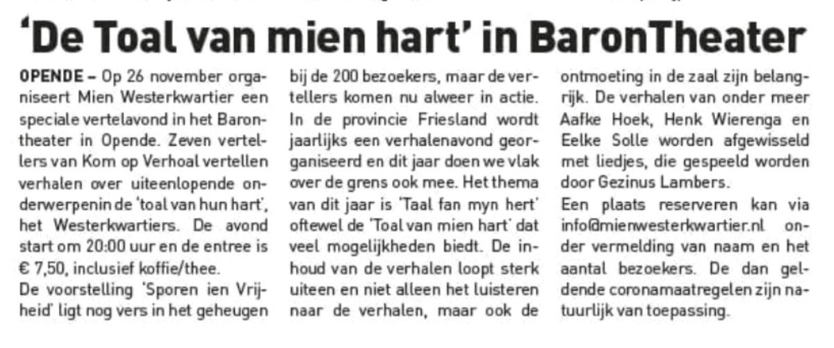 BaronTheater's tweet photo. Vanavond 20.00 uur een nieuwe vertelavond van Mien Westerkwartier! Er zijn nog kaarten aan de deur, u bent van harte welkom! https://t.co/Ng2se7DX40