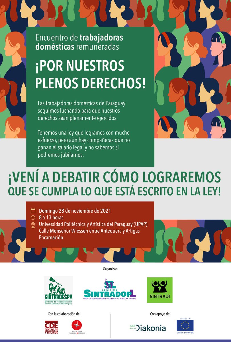TrabDomesticoPy's tweet photo. ¿Conocés a una persona trabajadora doméstica? 
Compartí está invitación:
Cuándo: Este domingo 28 de Noviembre
Dónde: UPAP- Encarnación https://t.co/S8ScF9UME6