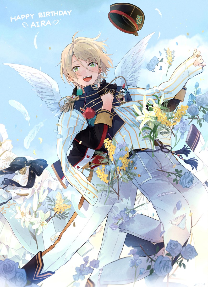 flower male focus hat green eyes blonde hair 1boy wings  illustration images