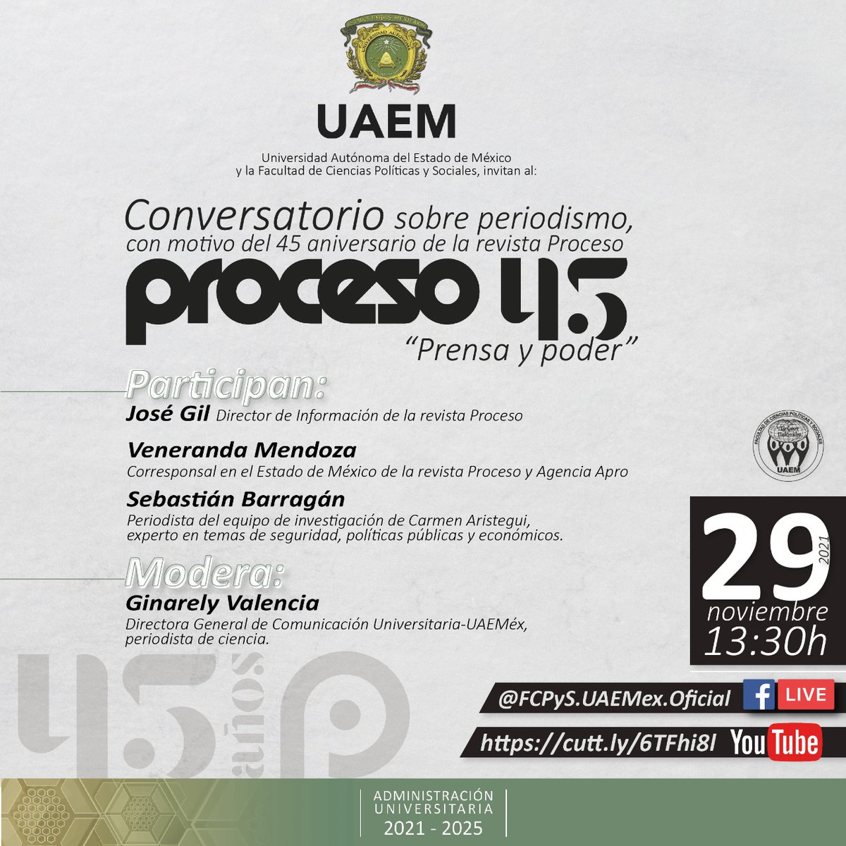 RJoyaC's tweet photo. #Invitación para el próximo #FelizLunes Conversatorio organizado por la @UAEMexFCPyS para conmemorar los 45 años de la revista @proceso
"Prensa y Poder".
#Periodismo https://t.co/FXQxb9I87Q