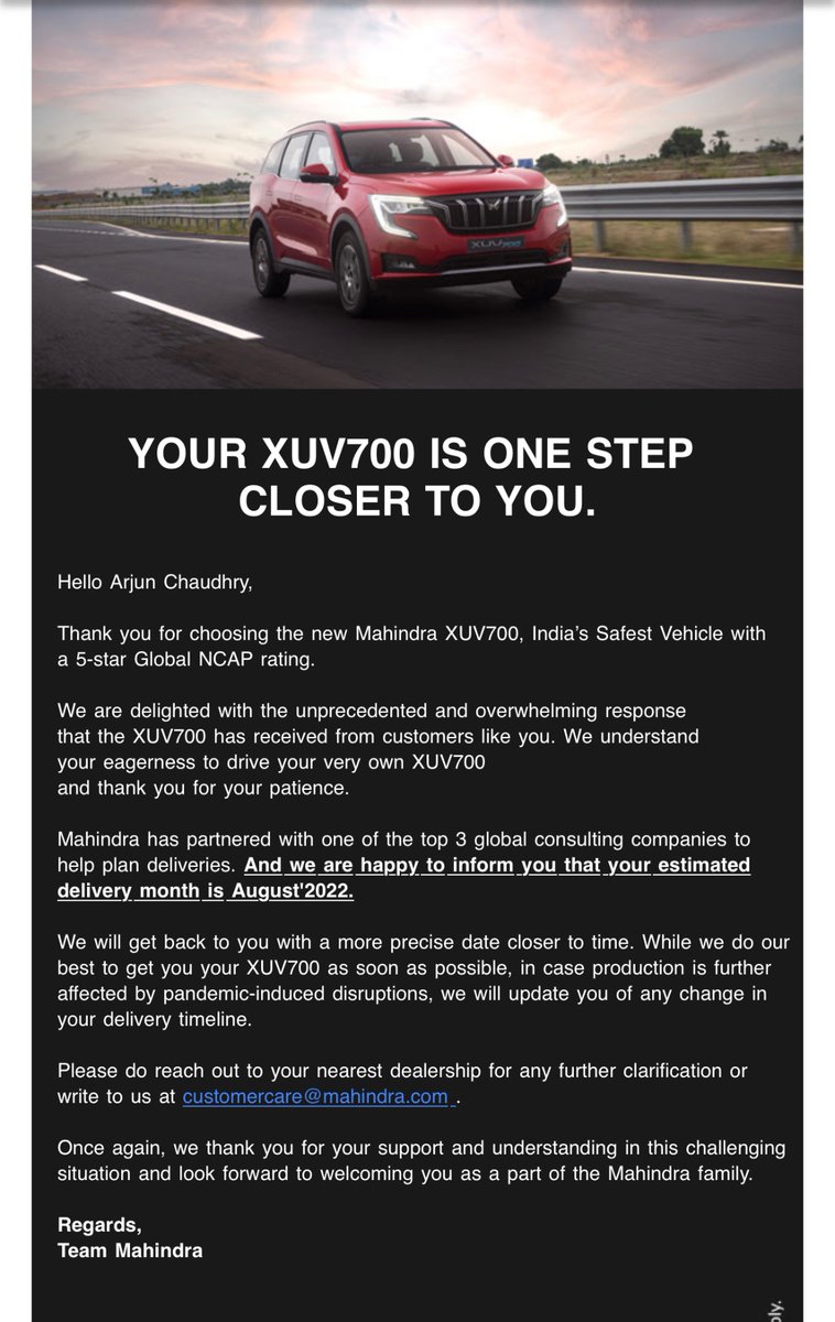 Advchaudhrysaab's tweet photo. This mail killed all the vibe for my #XUV700. I had booked the car on first day of booking 07/10/2021. Rather than doing first come first serve @MahindraRise is relying on algorithms which are just discriminatory. Waiting for 11 months is unjustified
@anandmahindra #disappointed https://t.co/F99ZO8Fn72
