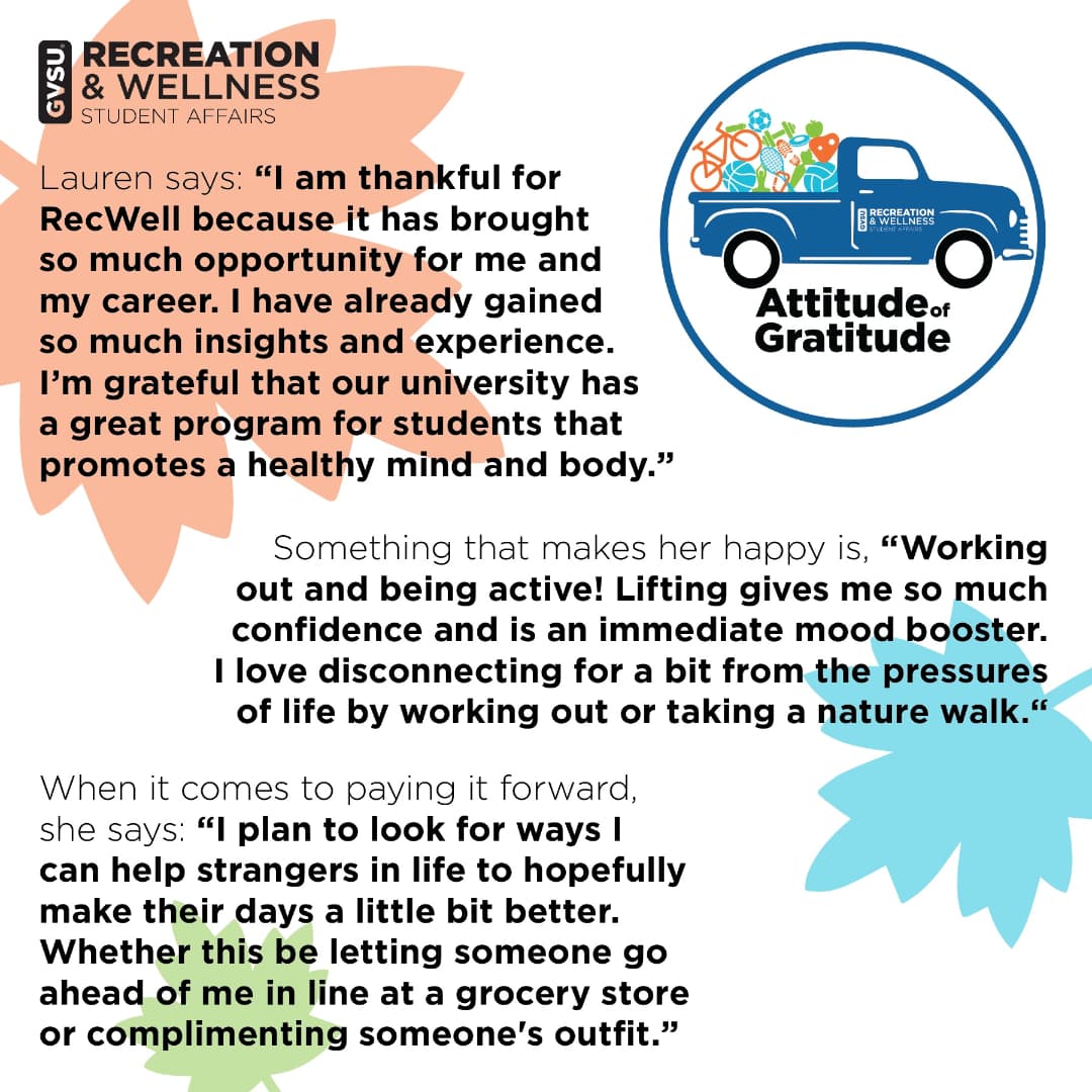 GVSURecWell's tweet photo. Meet Lauren! She's the graphic designer for the RecWell team. Swipe to see her #AttitudeOfGratitude!
#GVGratitude #GVRecWell #GVSU https://t.co/RPvxwog8Uj