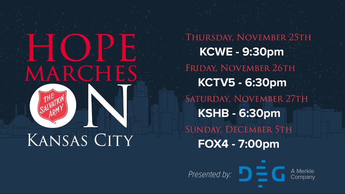 DEG, a Merkle Company (@degdigital) on Twitter photo Get in the giving spirit with us as we watch the #HopeMarchesOn TV special from <a href="/SalArmyMoKan/">The Salvation Army</a>. Enjoy Christmas music and special guest appearances, and see how your donation will make a difference for your neighbors in need this holiday season ⬇️ Get in the giving spirit with us as we watch the #HopeMarchesOn TV special from <a href="/SalArmyMoKan/">The Salvation Army</a>. Enjoy Christmas music and special guest appearances, and see how your donation will make a difference for your neighbors in need this holiday season ⬇️
