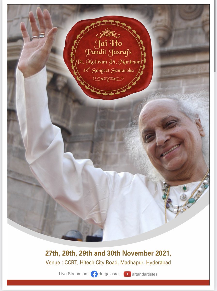 arvindkumar_ias's tweet photo. The 49th annual sangeet samaroha in memory of Sangeet Martand Pt Jasraj is from Nov 27-30th
It’s FREE event
Venue - CCRT Hitech city road, Madhapur
Classical performance by Pt Hari Prasad Chaurasia
Ustad Rashid Khan & many more
A must watch
@KTRTRS https://t.co/dxZcsI5kXZ