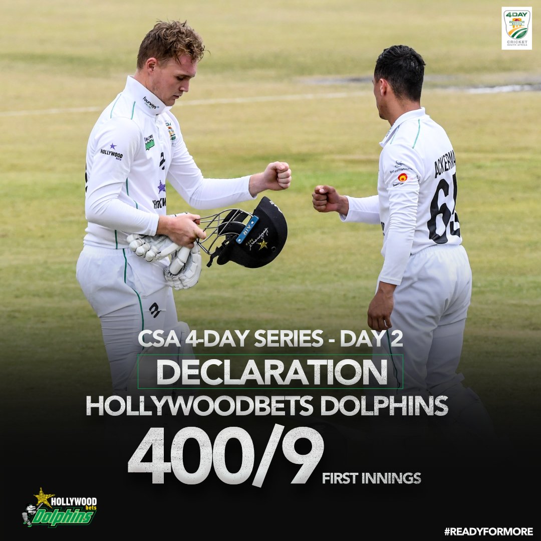 DolphinsCricket's tweet photo. DECLARATION! @Hollywoodbets Dolphins declare their first innings on 400/9 (99.4 overs) on Day 2 against North West Dragons in Potchefstroom 

A fantastic batting effort from the Hollywoodbets Dolphins lead by captain Ackerman (123), De Swardt (71) and Parsons (65) https://t.co/oaQBP0Ujf6
