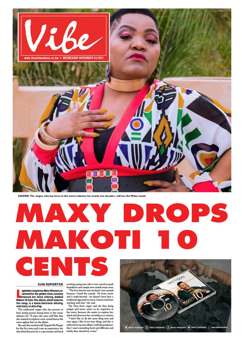 MaxyKhoisan's tweet photo. Thank You #MidWeekSun News Paper. Friends Grab Urself A Copy Or Simply Read It Online & Get To Know More About My New Festive Album⚡#Makoti10Cent⭐.Its A Must Have "Music Master Piece" For All Your Festive Vibes🔥🔥💃🕺.Click ⬇️ To Get It https://t.co/nahDvzcm9A https://t.co/PcZErrZdFe