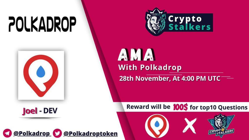 📢 We're thrilled to announce our next #AMA with @Polkadroptoken on 28th Nov at 4:00 PM UTC

💰 Reward Pool: 100$
📍 Venue: t.me/thecryptostalk…
〽️ Rules:
✅ Follow @StalkersCrypto &amp; @Polkadroptoken
✅ Like &amp; Retweet
✅ Comment Questions &amp; Tag 3 Friends with BEP20 address