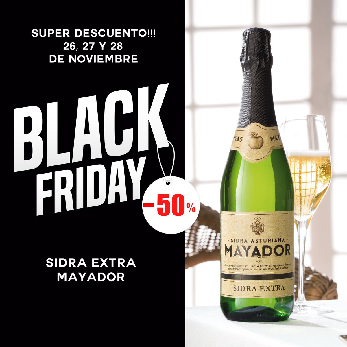 BLACK FRIDAY!!! Desde hoy hasta el domingo 28 de Noviembre, podéis comprar nuestra última Sidra Extra al 50% de descuento!!!
Sólo tenéis que acceder a nuestra tienda online!!
👉shop.mayador.com/sidra-espumosa…

#mayador #sidraextra #blackfriday