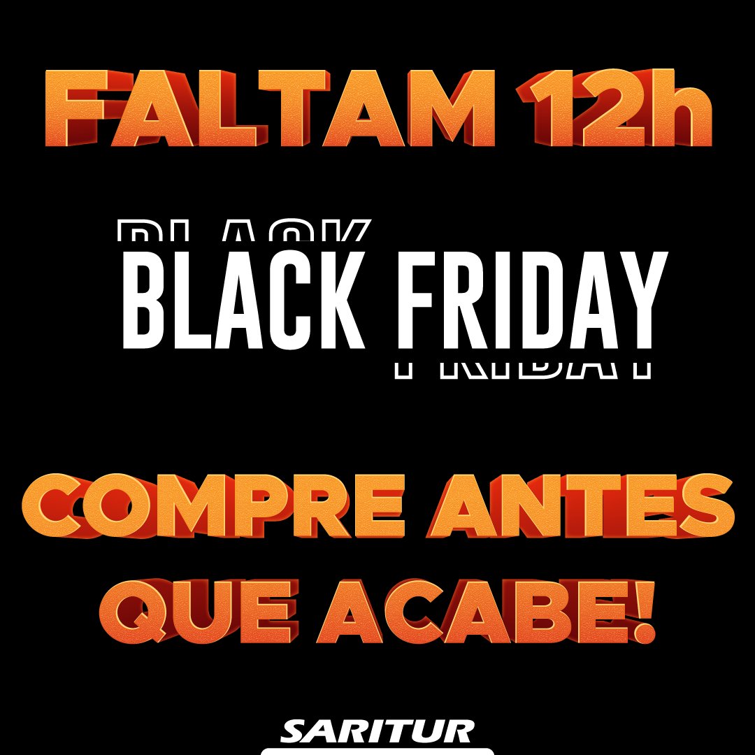 Faltam 12h para acabar a nossa promoção de BlackFriday!

  Promoção exclusiva para nossos pontos de venda on-line.

Não deixe de conferir também o regulamento completo em nosso site saritur.com.br

#BlackFriday #Saritur #Descontão #Promoção #Turismo