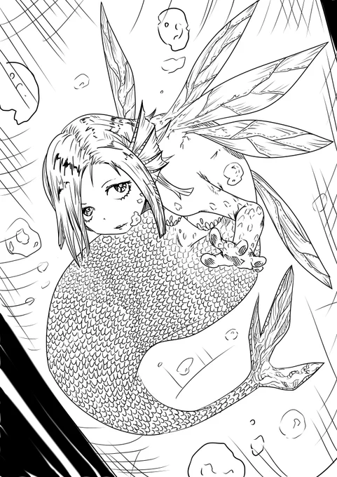 #人外版深夜の真剣お絵描き60分一本勝負
お題アナタが考える羽/翅が生えた水棲人外 