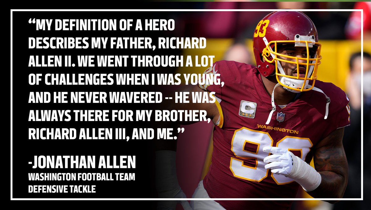 TroyVincentSr's tweet photo. Jonathan Allen (@jonallen93_) is a key part of the @WashingtonNFL's defense and credits his father, Richard Allen II, for preparing him for the @NFL. 

His inspiring story shares how his father taught him discipline, humility and work ethic.

https://t.co/jUfUGZ1gIh | #NFLDads https://t.co/OFKOD1MdFo