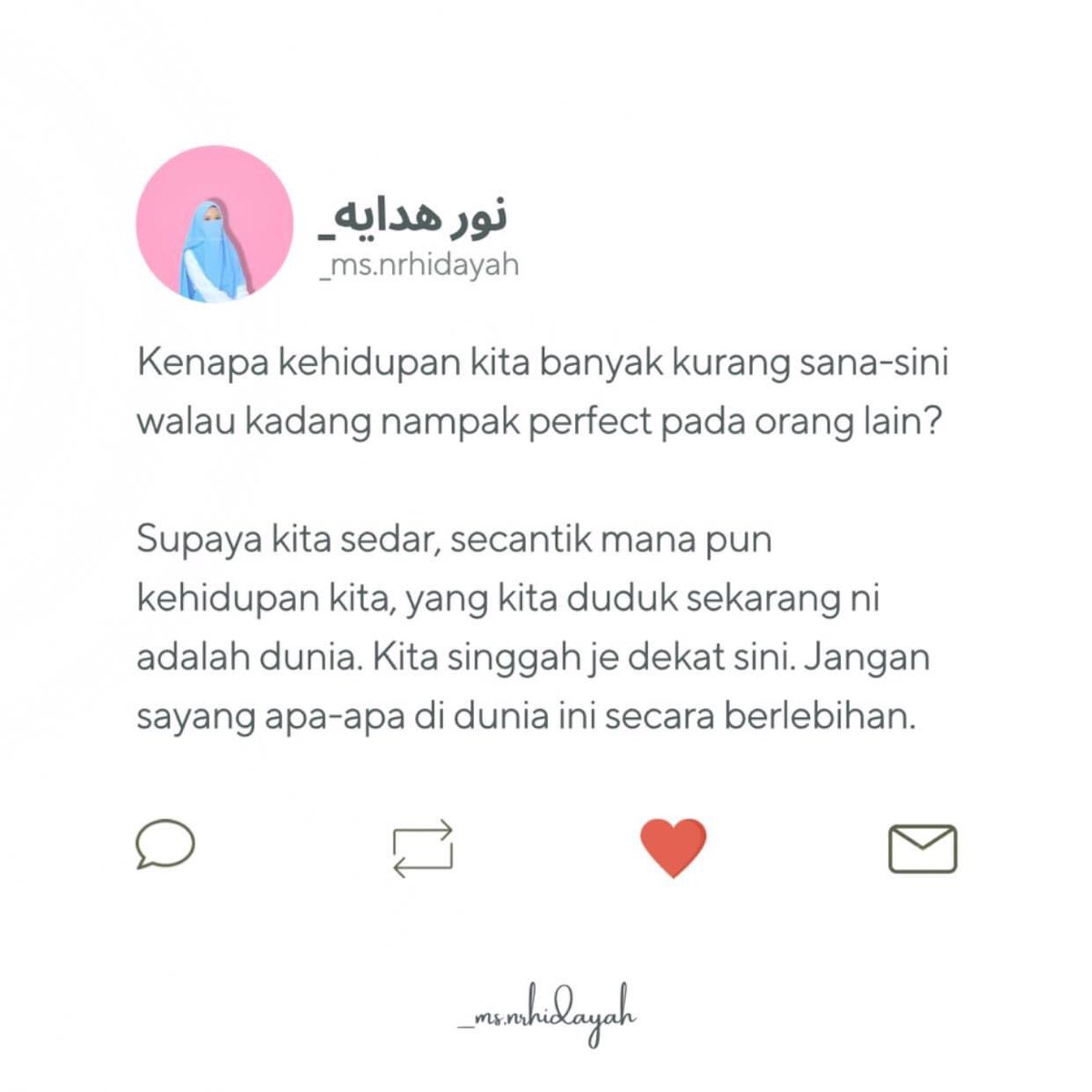Ms_nrhidayah's tweet photo. Nama pun manusia. Walau hakikat kejadian manusia, Allah ciptakannya sempurna iaitu sebaik-baik kejadian.

Namun disebalik kesempurnaan anggota dan pancaindera, masih byk kekurangan yg tersembunyi di dalamnya. Kalaulah Allah ciptakan manusia ni sempurna, mana mungkin adanya ujian https://t.co/iRVmspzv4j