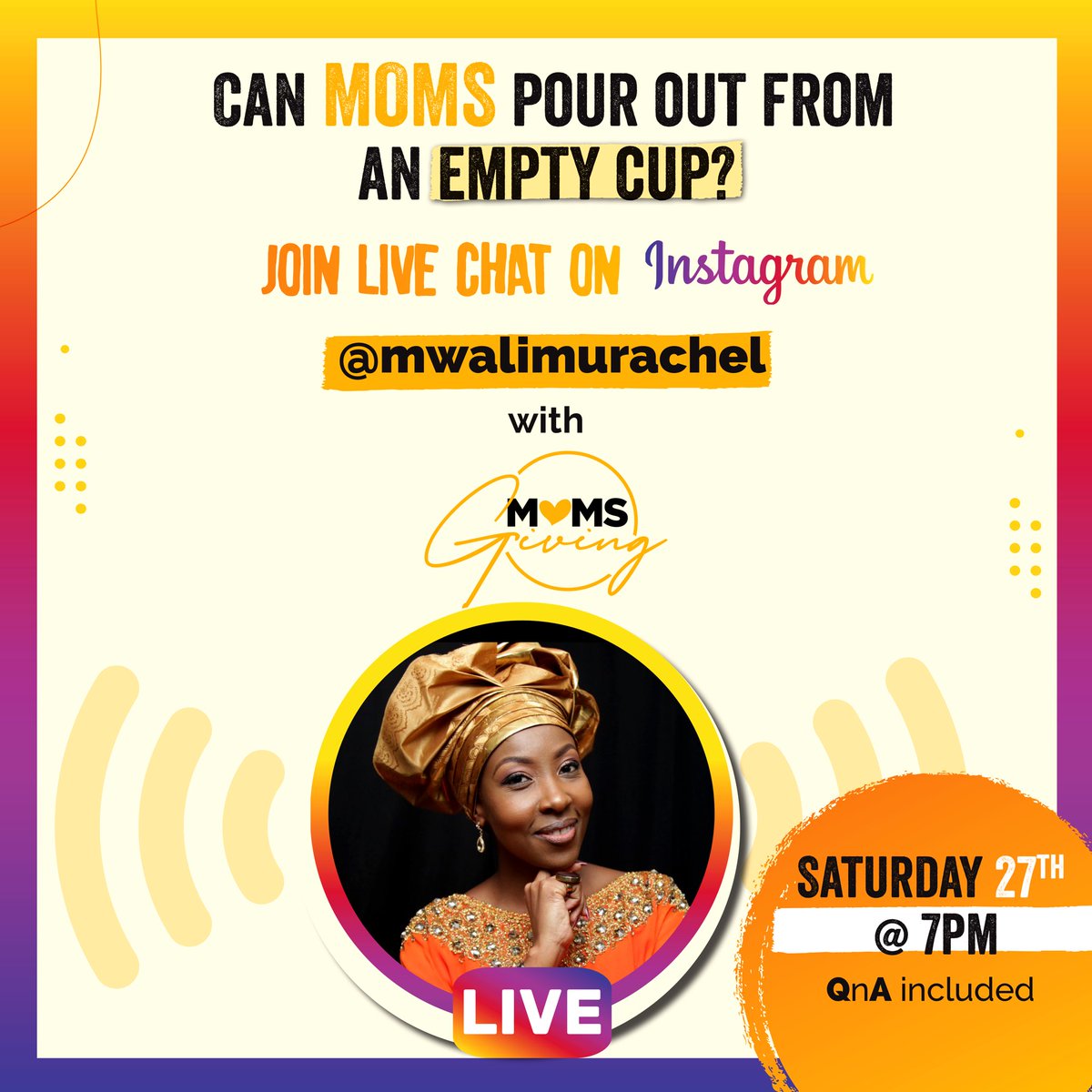 momsgiving's tweet photo. Have you ever had to pour out from your cup and found out it was empty? Join us with @mwalimurachel this Saturday at 7pm and find out what it takes to pour from your cup constantly. 

There is a QnA session especially for you. DM/comment with your questions #momsgiving2021 https://t.co/oYZhqyZANO