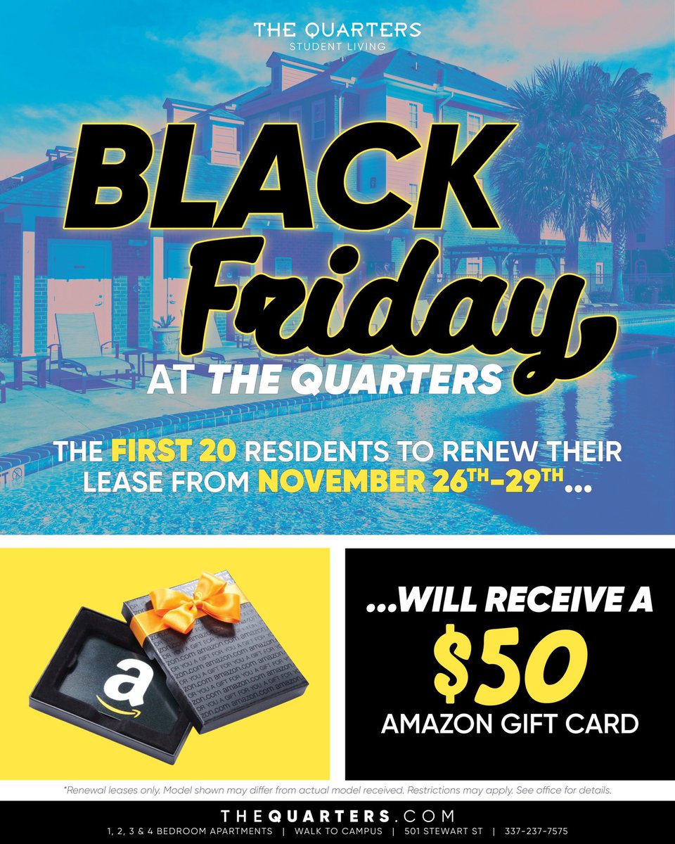 QuartersLaf's tweet photo. 💰 HAPPY BLACK FRIDAY 💰

The first 20 residents to renew their lease from November 26 - November 29 will receive a $50 Amazon gift card on top of any of their tier specials!! 🤩🤩 Visit your Resident Portal now to sign and save!! https://t.co/2jFjHaIQq4