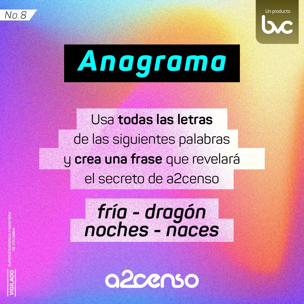 a2censo's tweet photo. Una colombia conectada con @bitwan_1, con menos deudas con @ResuelveCO y con la movilidad sostenible de @OasisGroupTweet , eso hemos aportado #de2en2 de la mano de las empresas que hoy patrocinan esta nueva trivia.

Pista: ignora las tildes, no las necesitarás🧐 https://t.co/rqG4c013yh