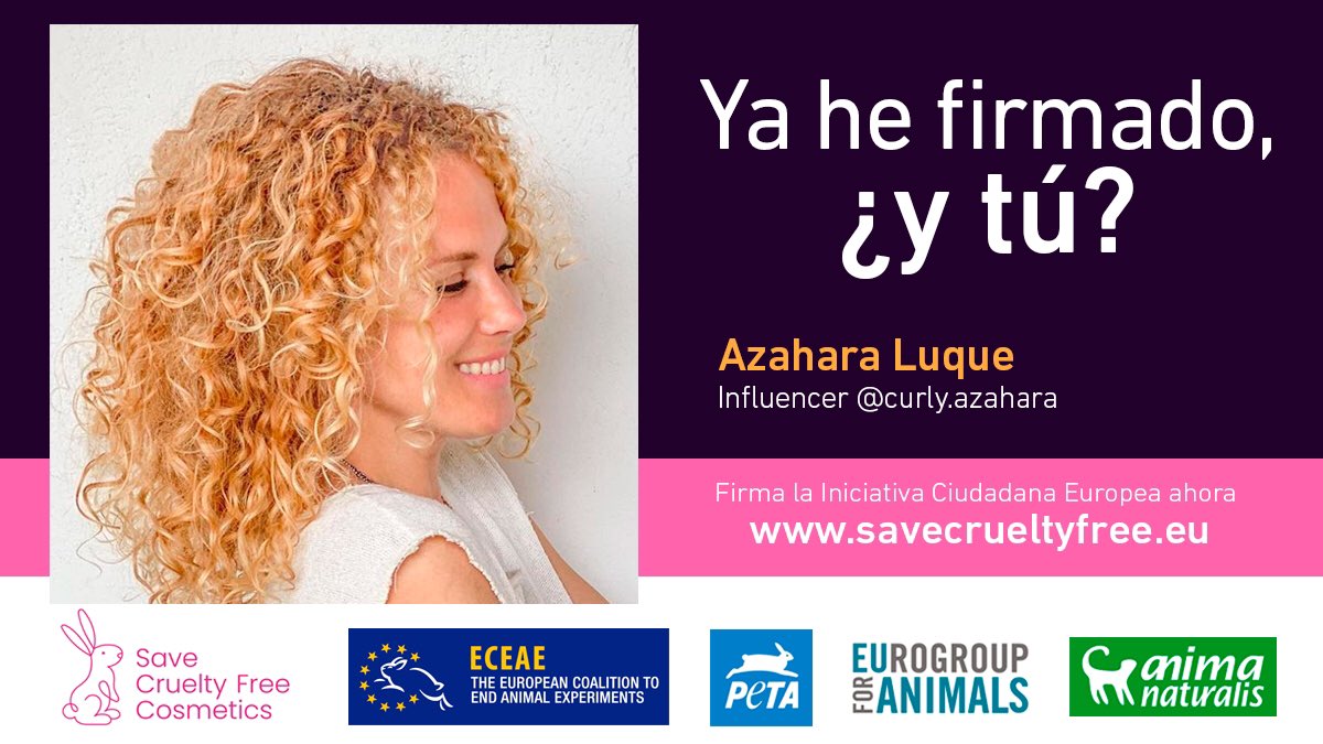 <a href="/AzaharaySiria/">Azahara Luque</a> ya ha firmado la campaña #SaveCrueltyFreeCosmetics para eliminar todas las pruebas en animales en la UE🐰
 
En <a href="/AnimaNaturalis/">AnimaNaturalis</a> trabajamos dentro de <a href="/Act4AnimalsEU/">Eurogroup For Animals</a> para conseguir 1 millón de firmas.
  
¿Te unes firmando?
  
savecrueltyfree.eu