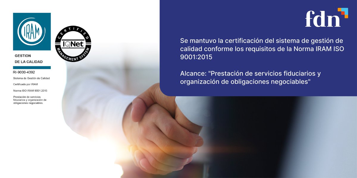 Nos enorgullece anunciar que se mantuvo la certificación del sistema de gestión de calidad conforme los requisitos de la Norma IRAM ISO 9001:2015
Alcance: “Prestación de servicios fiduciarios y organización de obligaciones negociables”

#FiduciariaDelNorte
#ValorEnFinanzas