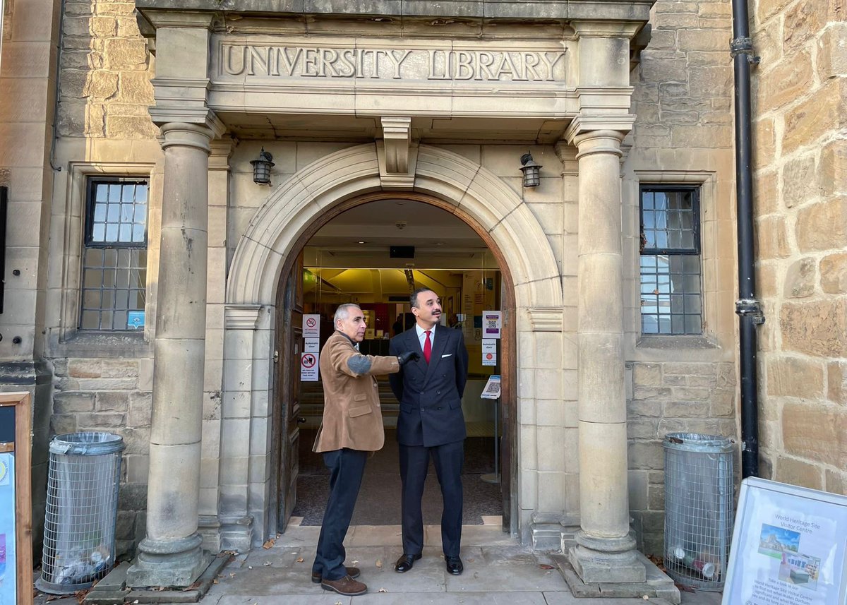 SaudiEmbassyUK's tweet photo. HRH Prince Khalid bin Bandar was honored to accept the kind invitation from @AnoushEhteshami to visit @durham_uni and deliver the annual Ambassadorial lecture to a select group of students and faculty. The visit included private tours of @DurhamHeritage and @durhamcathedral https://t.co/g1pTbbWg8m