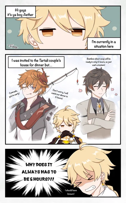Late submission Tartali Week day 1: cooking together (ft. Aether)

6 must be their favourite number I guess 

#GenshinImpact #原神 #Zhongli #Childe #tartaglia #Aether #Tartali #タル鍾 #TartaLiWeekRound2 