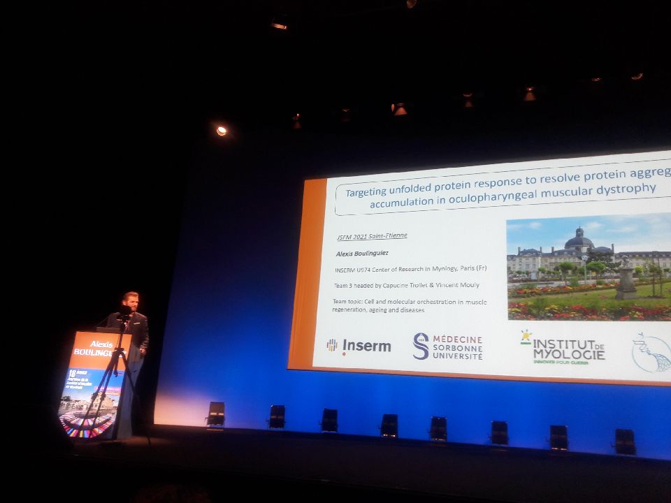 Inst_Myologie's tweet photo. #JSFM2021 Session plénière Myologie translationnelle. A. Boulinguiez from @CapucineTrollet & @MoulyVincent team at @researchmyology presenting his work: Targeting unfolded protein response to resolve protein aggregates accumulation in oculopharyngeal muscular dystrophy. #OPMD https://t.co/Ncl18ULKhl