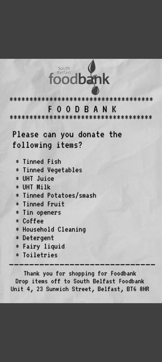 SouthbelfastFB's tweet photo. #reverseblackfriday 

Here's our shopping list 

Thank you https://t.co/dcHPNOirAf