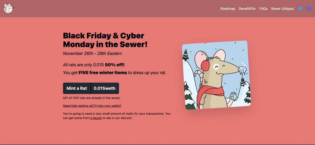 awwratspack's tweet image. Cutest sale ever here for Rat Friday at awwrats.com

Ξ .015, half off our normal minting price. What do you get when you mint a Rat?

✅Access to our special Discord channels
✅Access to our dApps
✅FIVE free winter items for the Closet
✅Entries into future giveaways