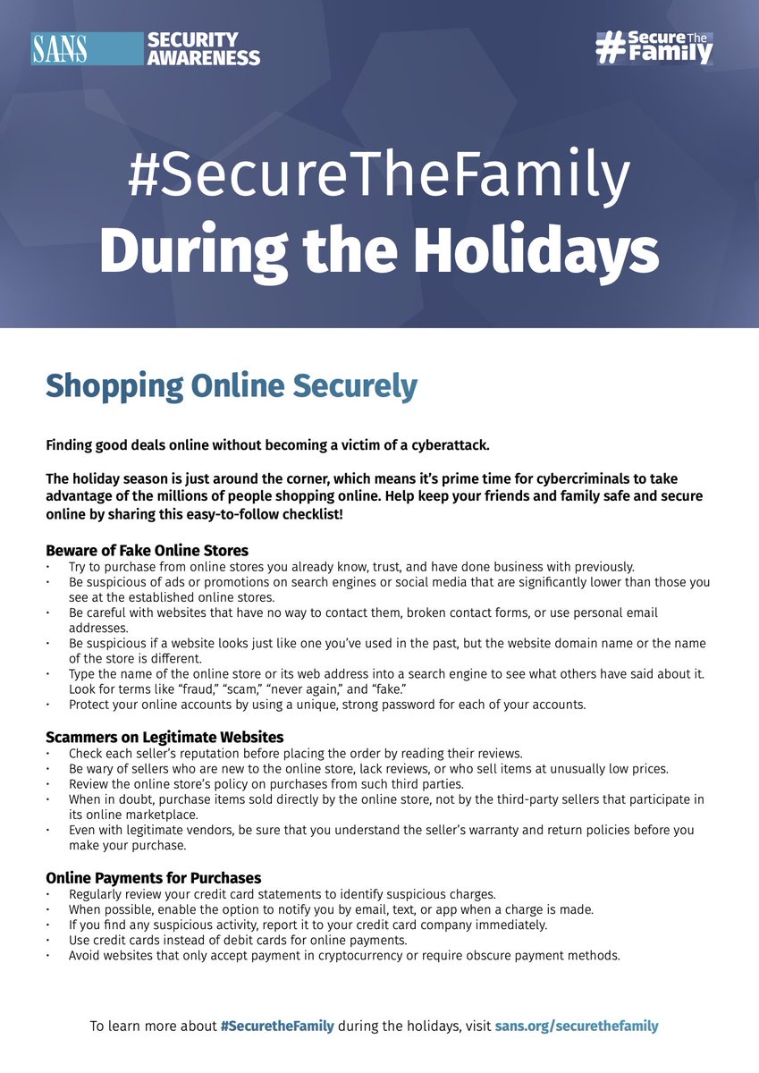 SANSWorkforce's tweet image. This holiday season, find good deals online without becoming a victim of a #cyberattack. Help keep your friends and family safe and secure online by sharing this easy-to-follow checklist! #SecureTheFamily