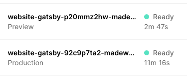 We recently switched hosting of our <a href="/GatsbyJS/">Gatsby</a> website to <a href="/vercel/">Vercel</a>. We investigated build times and it turns out our .cache directory was in the wrong location because we used Yarn workspaces. We ended up getting rid of our workspaces and now we're looking at quick 3-minute builds!