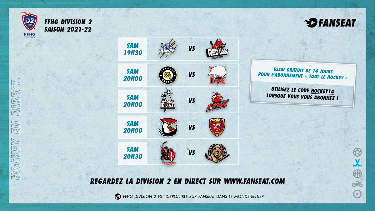 🇫🇷🏒 C’est Black Saturday pour la D2 avec dix matchs en direct! Voici le programme de la 8e journée ❄️

Regardez l’intégralité de la Division 2 en direct sur FANSEAT 📺

𝗣𝗿𝗼𝗺𝗼: Obtenez 14 jours gratuit à l’abonnement « Tout le hockey » avec le code 𝗛𝗢𝗖𝗞𝗘𝗬𝟭𝟰 🎁