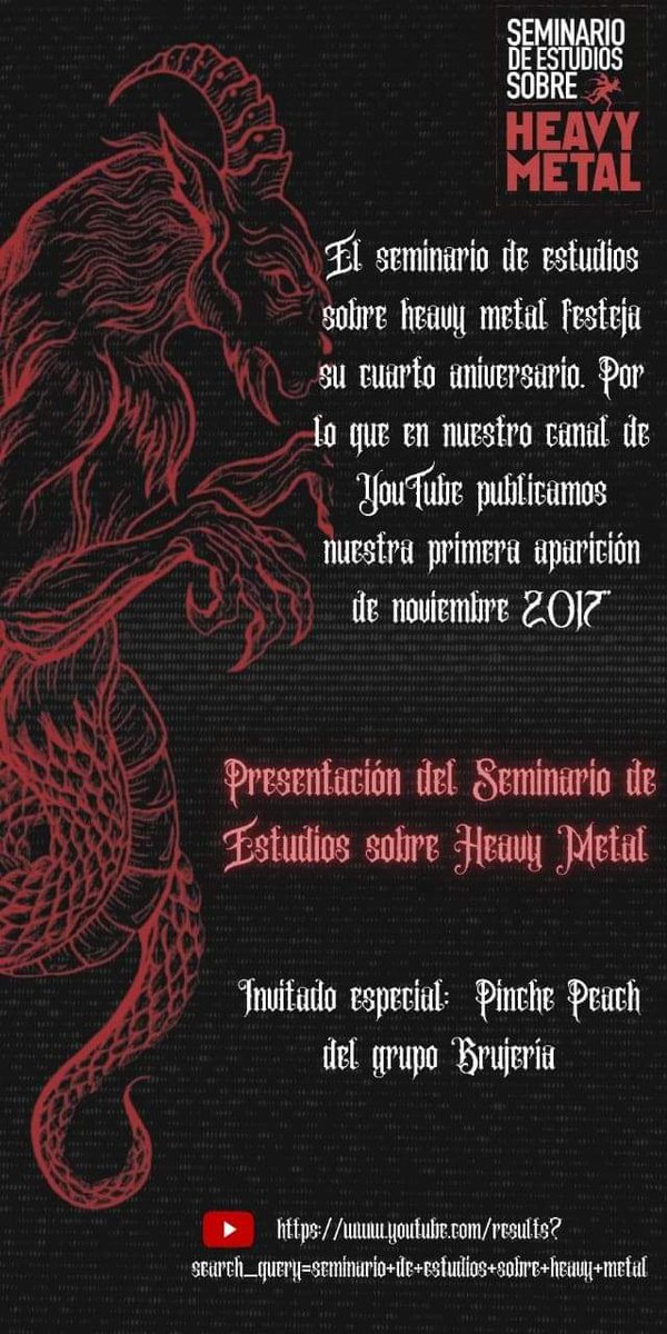 SeminarioMetal's tweet photo. Con motivo de nuestro cuarto aniversario, los invitamos a visitar nuestro canal dd YouTube y ver la presentación del Seminario de Estudios sobre Heavy Metal con Pinche Peach de @brujeria_oficial
.
https://t.co/wjiUtSQcIS
.
.
.
#seminariometal #unammx #heavymetal #brujeria https://t.co/NA1xRTHViw