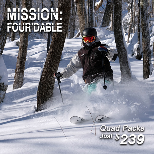 2021-22 Mission: Fourdable Quad Packs Available Now!
Ragged Mountain Resort is redefining value for skiers and riders in New England with Mission: Four’dable Quad Packs starting at just $239 now through November 29th. Enjoy freedom and fun on the slopes while creating memories!