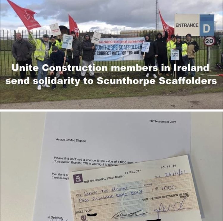 #UniteConstruction members in the ROI have sent their solidarity-and a cheque for €1000- to <a href="/unitetheunion/">Unite the union: join a union</a> members in Scunthorpe working for <a href="/Actavo_HQ/">Actavo</a>  . #Paytherates