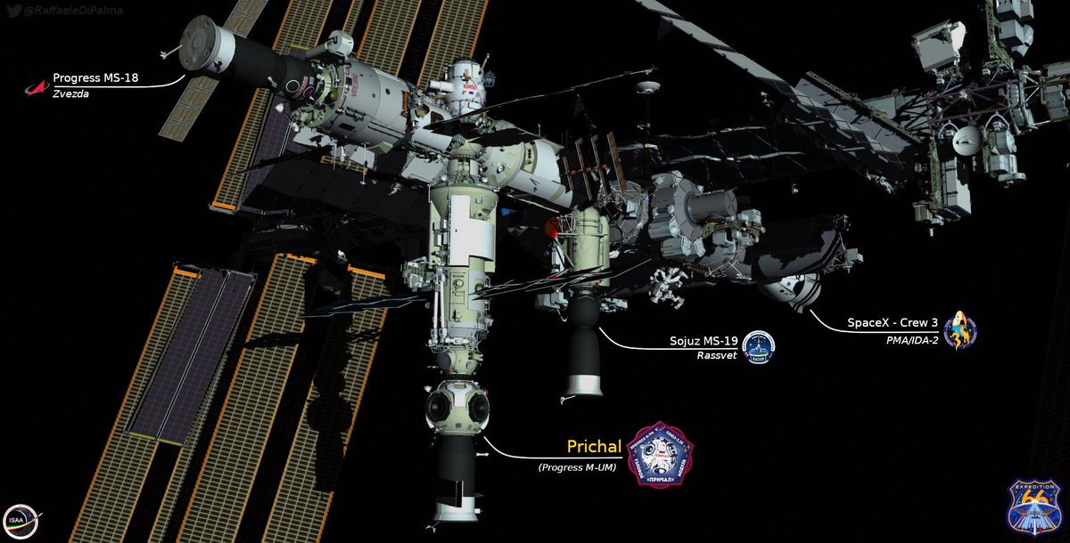 RaffaeleDiPalma's tweet photo. Flawless docking of the new @Space_Station add-on, the spherical node #Prichal.

The still attached to the Progress M-UM will be removed NET 21st of dec.

So yet another new shape fot the #ISSconfiguration! https://t.co/7n51KgNu3s